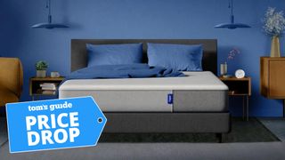The Casper Foam 2023 mattress on a bed frame in a bedroom, a Tom's Guide price drop deals graphic (left)