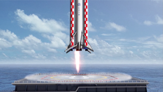 A still from an animation of China's new Long March 8 rocket making a Falcon 9-style landing back on Earth.