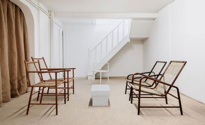 Installation view of Studio Mumbai’s furniture at Brussels gallery Maniera.