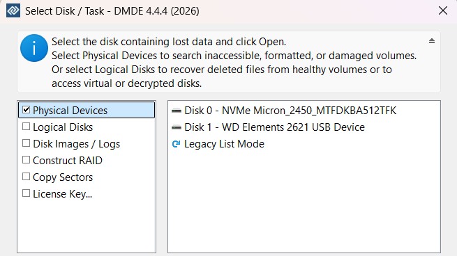 DMDE disk selection