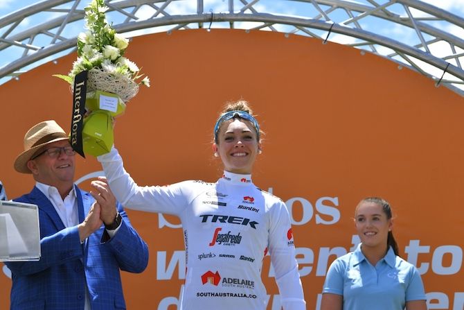 Letizia Paternoster (Trek-Segafredo) wears the white best young rider's jersey after stage 1 of the 2019 Women'e Tour Down Under