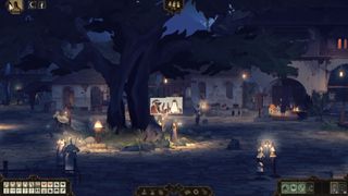 Book of Travels - Two players stand in a town square at night. They both use a wave emote.