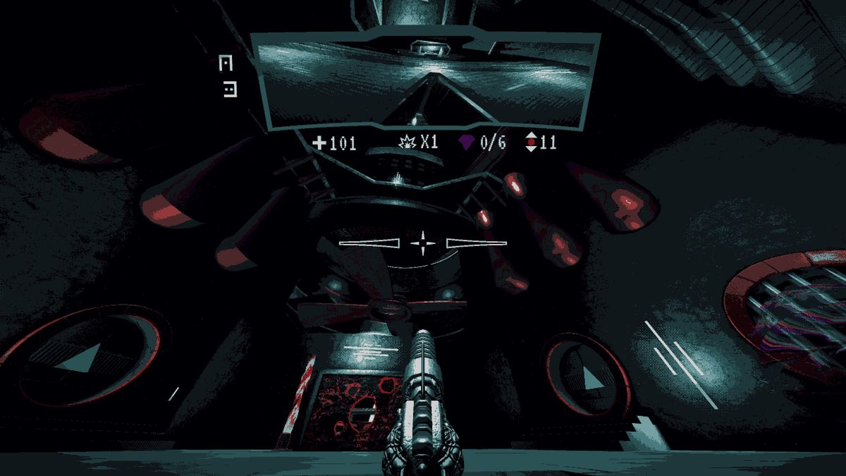 looking upward at darkened corridor in hellscreen