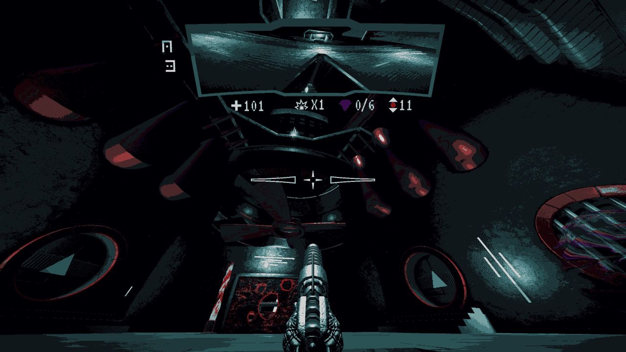 looking upward at darkened corridor in hellscreen
