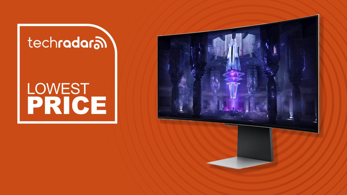 A Samsung Odyssey monitor against an orange TechRadar Black Friday deals background