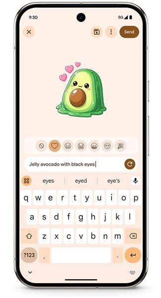 A user creating a custom sticker on a Pixel 9 using a written prompt, thanks to Google's generative AI.