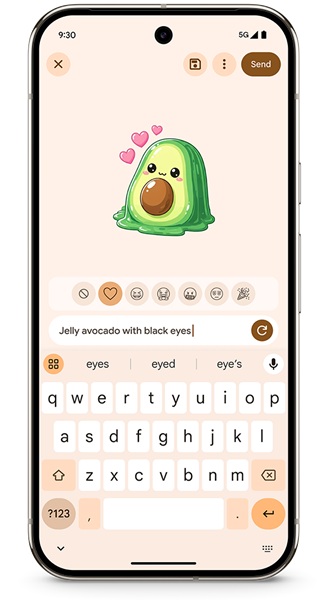 A user creating a custom sticker on a Pixel 9 using a written prompt, thanks to Google's generative AI.