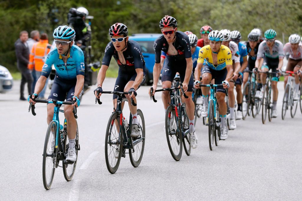 LA PLAGNE FRANCE JUNE 05 Ion Izagirre Insausti of Spain and Team Astana Premier Tech Geraint Thomas of The United Kingdom and Team INEOS Grenadiers Tao Geoghegan Hart of United Kingdom and Team INEOS Grenadiers Alexey Lutsenko of Kazahkstan and Team Astana Premier Tech yellow leader jersey during the 73rd Critrium du Dauphin 2021 Stage 7 a 1715km stage from SaintMartinLeVinoux to La Plagne 2072m UCIworldtour Dauphin dauphine on June 05 2021 in La Plagne France Photo by Bas CzerwinskiGetty Images