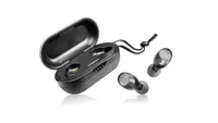 A pair of the lypertek tevi true wireless earbuds in silver and a charging case