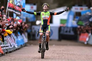 Wout Van Aert celebrates his 2016 Belgian cyclo-cross title.