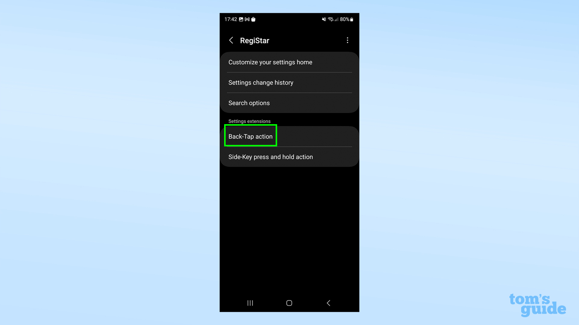 A screenshot showing RegiStar's back tap option in the main menu