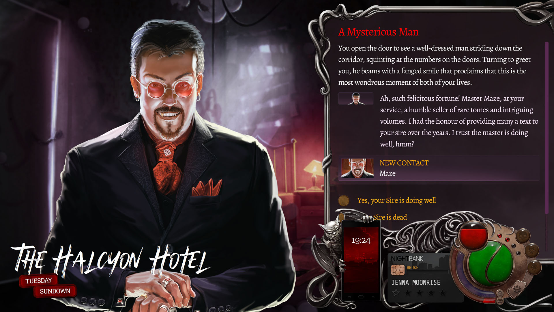 Maze speaks with the player at The Halcyon Hotel in Nighthawks - he wears red-tinted glasses and has a golden fang