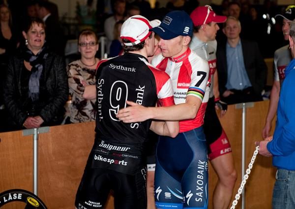 Runner-up Michael Morkov congratulates winner Marc Hester.