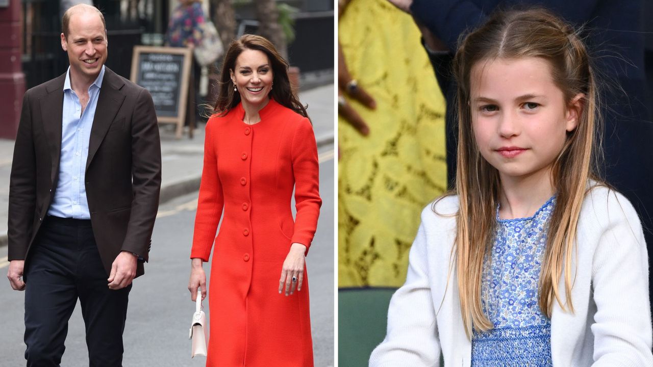 Composite of Prince William and Kate in Soho in 2023 and Princess Charlotte at Wimbledon in 2023