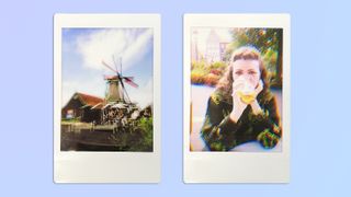 A double exposure of a windmill next to a photo of a woman drinking, taken on a Fujifilm Instax mini Evo instant camera