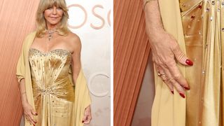 On the left, Goldie Hawn is pictured wearing a gold dress and shawl, with a cranberry-red manicure at the 97th Annual Oscars at Dolby Theatre on March 02, 2025 in Hollywood, California and on the right, is a close-up of the same picture, showing the red manicure on her right hand in detail.