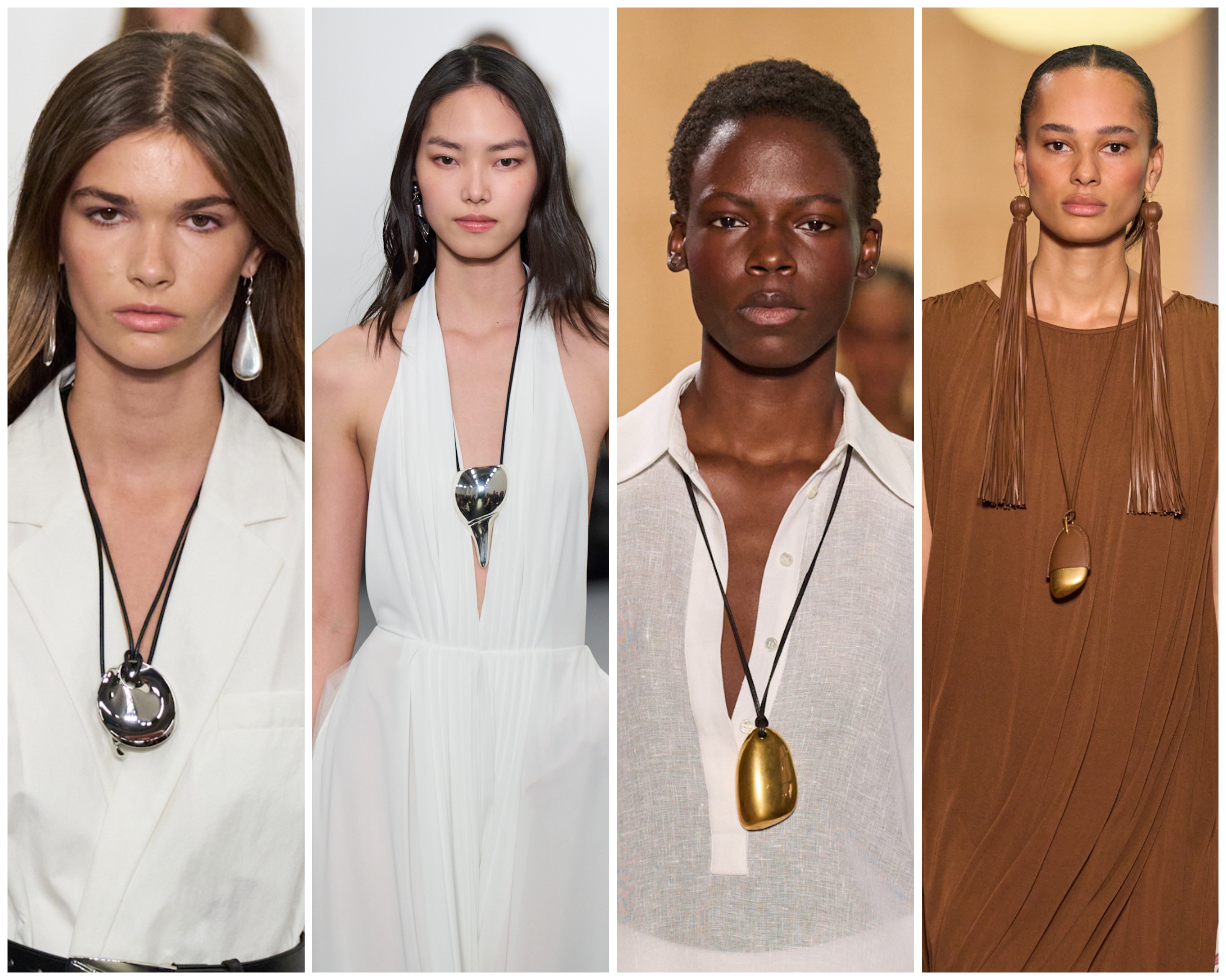 collage of women wearing cord necklaces on the spring 2026 runways of ralph lauren and michael kors