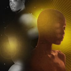 Two black women on a background of stars, they have golden auras