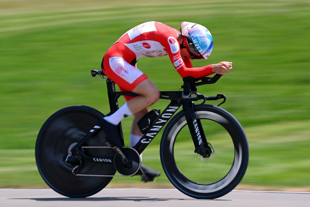 ABTWILL SWITZERLAND JUNE 18 Elise Chabbey of Switzerland and Team CanyonSRAM Racing Red Mountain Jersey sprints during the 3rd Tour de Suisse Women 2023 Stage 2 a 257km individual time trial from St Gallen to Abtwil UCIWWT on June 18 2023 in Abtwil Switzerland Photo by Dario BelingheriGetty Images