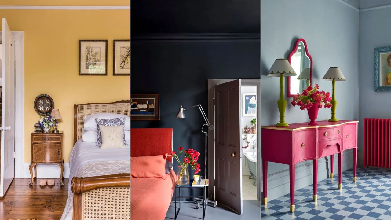 yellow bedroom, color drenched dark blue bedroom, light blue entryway with raspberry pink dresser 