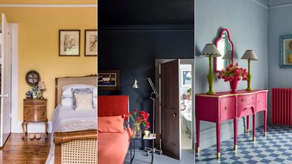 yellow bedroom, color drenched dark blue bedroom, light blue entryway with raspberry pink dresser 