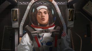 An animated astronaut sits inside a rocket 