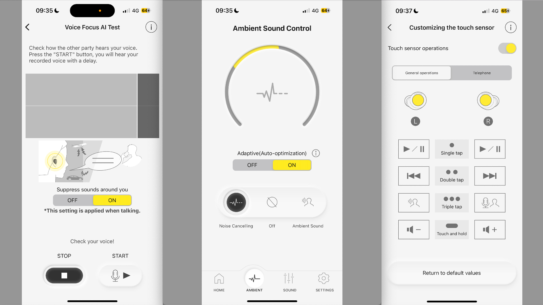 App screenshots showing settings for the Technics EAH-AZ100 in-ear headphones