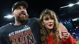 Taylor Swift and Travis Kelce at the AFC Championship, seeing Kansas City Chiefs play the Baltimore Ravens