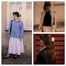 a fashion editor at Copenhagen Fashion Week wearing three different outfits to illustrate a guide to editors' Copenhagen Fashion Week work outfits