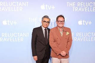 Eugene Levy with Alan Carr at the launch of The Reluctant Traveler.