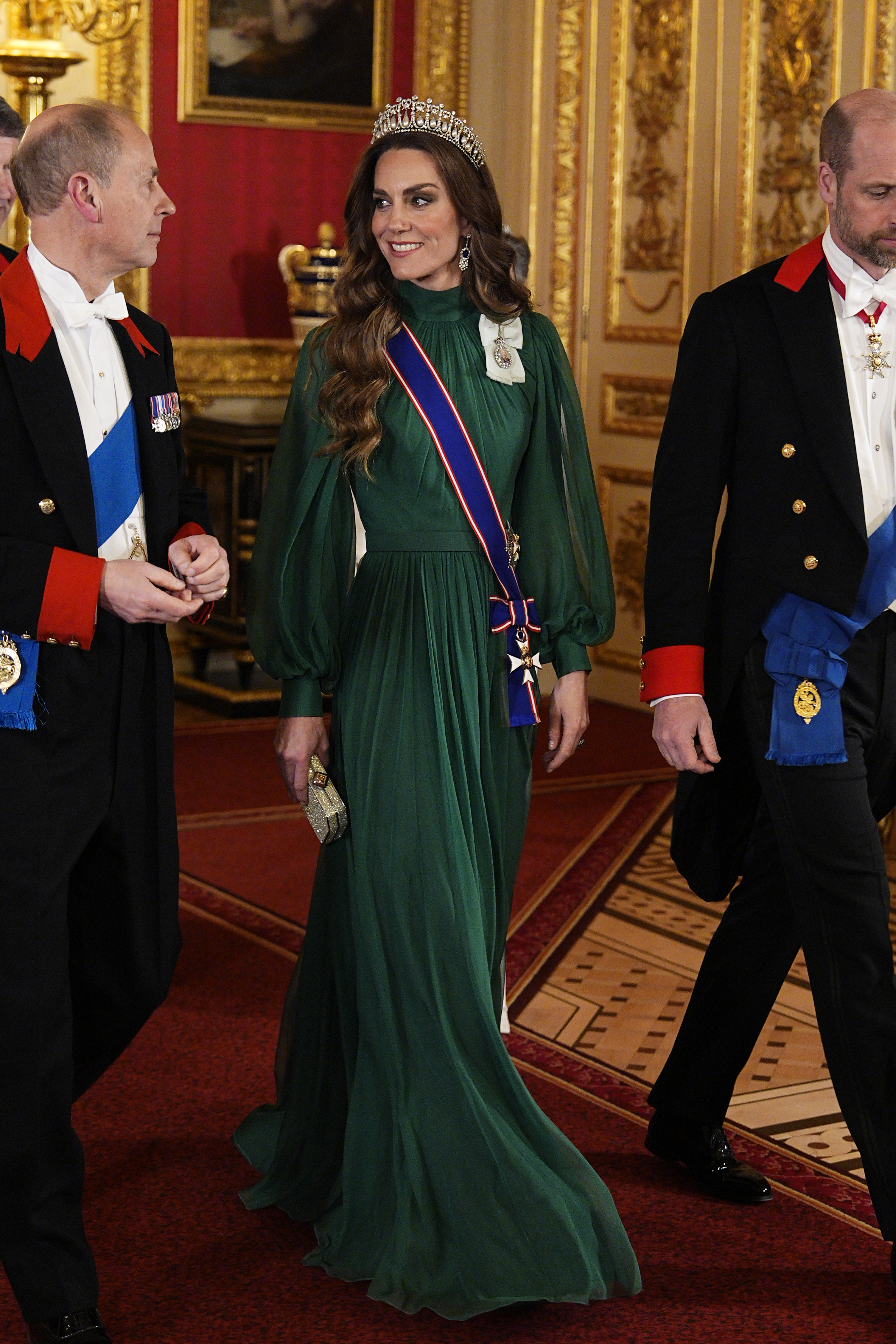 WINDSOR, ENGLAND - MARCH 18: Edward, Duke of Edinburgh and Catherine, Princess of Wales arrive to attend a State Banquet in St George&amp;amp;apos;s Hall on day one of their state visit to the UK at Windsor Castle on March 18, 2026 in Berkshire, England. (Photo by Aron Chown - WPA Pool/Getty Images)