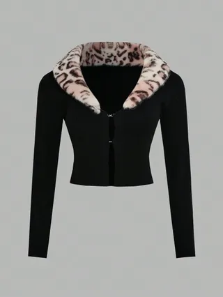 Shein, Leopard Print Faux Fur Cardigan