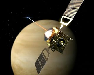 This is an animation of Venus Express performing stellar occultation at Venus.