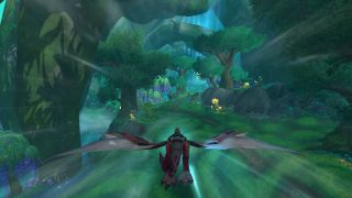 WoW Dragon Glyph locations - a dragon flies through a lush green forested area with a player riding on their back