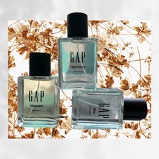 three glass bottles of Gap perfume on a brown leaf background with a white shadow edge