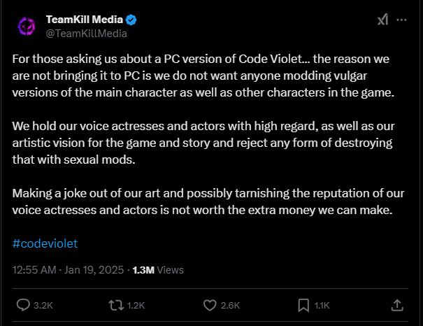 A tweet from TeamKill Media explaining why it won't release Code Violet on PC.