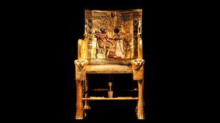 The "golden throne" of King Tutankhamun is made primarily of wood, and is overlaid with gold and silver, semi-precious stones, glaze and colored glass. It shows the sun disc Aten shining down toward Tut and his queen Ankhesenamun.