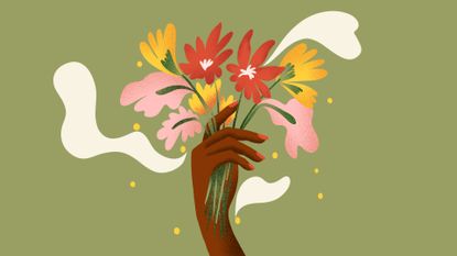 An illustration of a hand holding some flowers, symbolising hormone replacement therapy