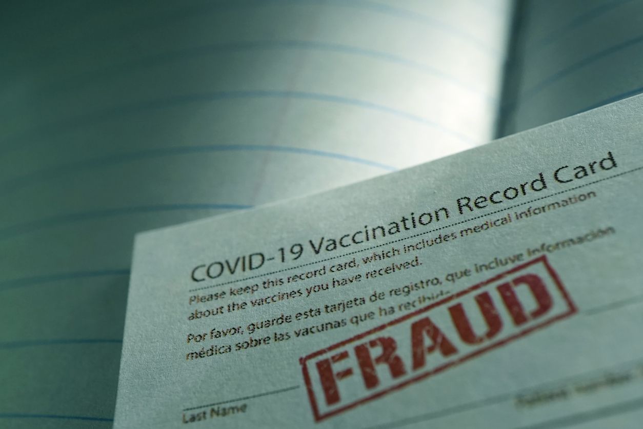 COVID-19 vaccine card stamped with the word &amp;quot;Fraud&amp;quot;