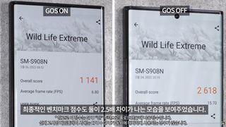 Two screenshots of a Galaxy S22 Ultra's 3DMark graphics benchmark results, with Game Optimization Services enabled and disabled. With GOS on, the overall score is 1,141 with an average frame rate of 6.8 FPS, while with GOS off the score is 2,618 with an average 15.7 FPS