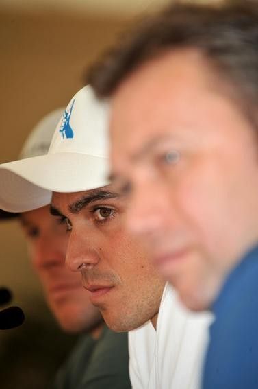 Spain's Alberto Contador in the middle of old pals, Lance Armstrong and Johan Bruyneel