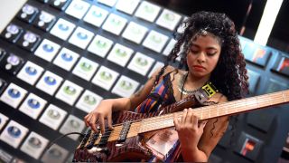 India bass prodigy, Mohini Dey, plays for an artist demo at the SIT Strings booth during the NAMM Show on January 25, 2019, at the Anaheim Convention Center in Anaheim, CA.
