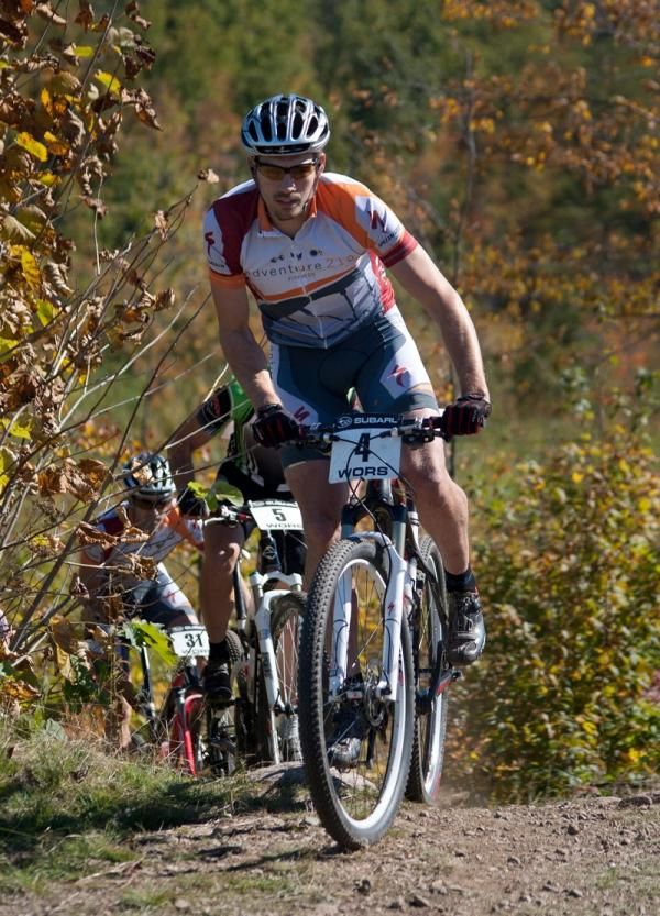 Bear Paw winner Darrin Brain (Adventure 212/Specialized) leads Nathan Guerra and teammate Chris Peariso up a fireroad climb.