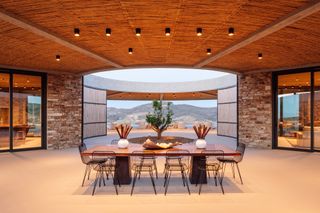A modern dining area in the centre of a circular home featuring a lemon tree