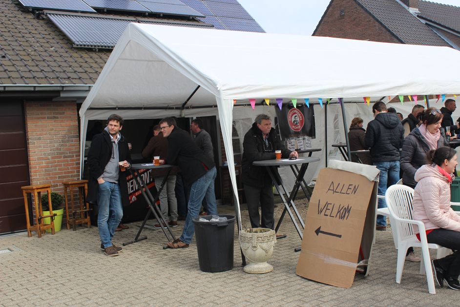 A beer tent set up outside the team buses