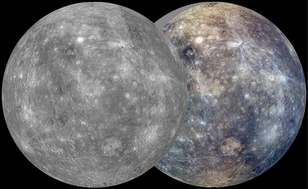 During its first Mercury solar day (which is about 176 Earth days long) in orbit, NASA&#039;s MESSENGER spacecraft imaged nearly the entire surface of Mercury to generate a global monochrome map at 250 meters per pixel resolution and a 1 kilometer per pixel re