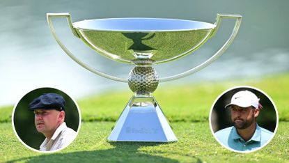 Main image of the FedEx Cup with inset photos of Harry Hall (bottom left) and Scottie Scheffler (bottom right)