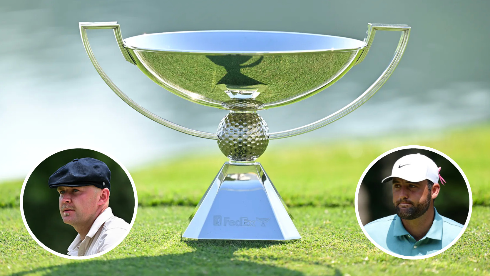 Main image of the FedEx Cup with inset photos of Harry Hall (bottom left) and Scottie Scheffler (bottom right)
