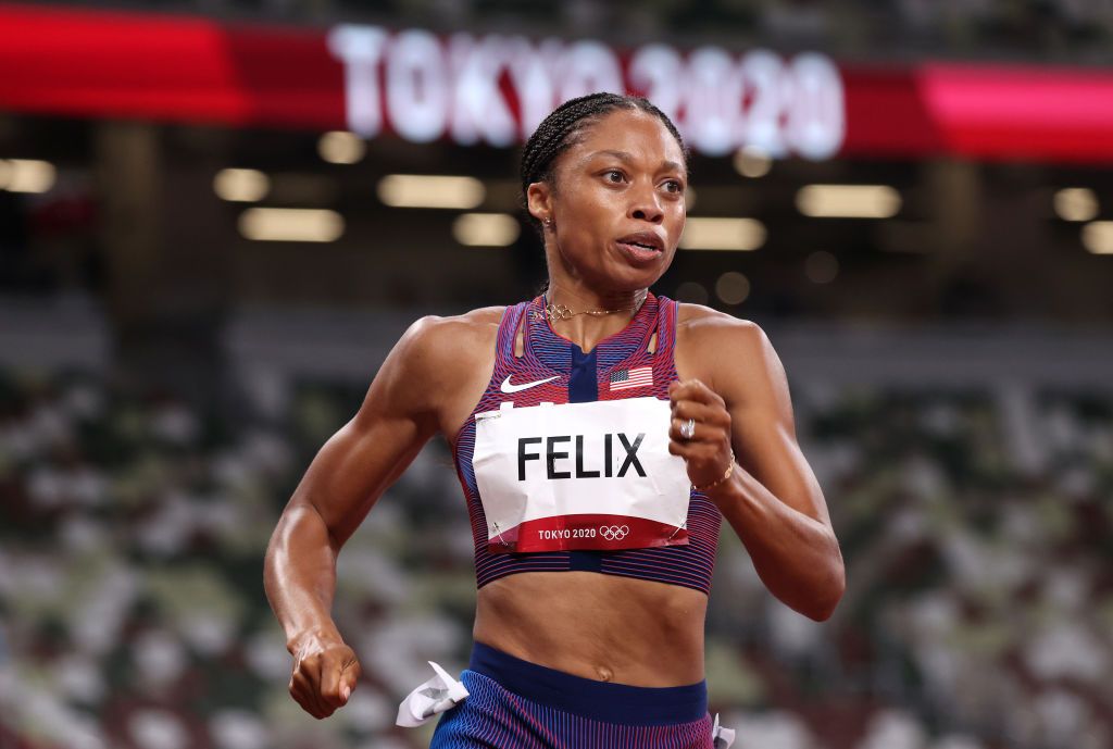 Allyson Felix of Team USA competes in the Women&#039;s 400 metres final on day fourteen of the Tokyo 2020 Olympic Games at Olympic Stadium on August 06, 2021 in Tokyo, Japan. 