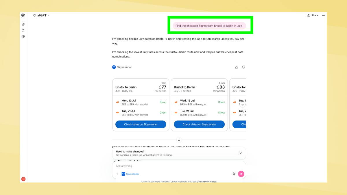 ChatGPT flights prompt